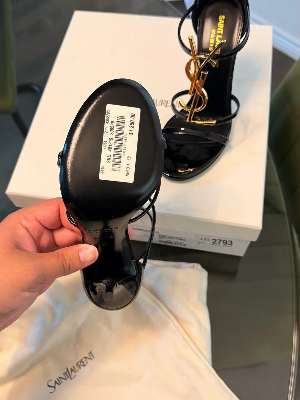 Saint Laurent Black Patent Opyum Heeled Sandals with Gold YSL Logo - Picture 2 of 4
